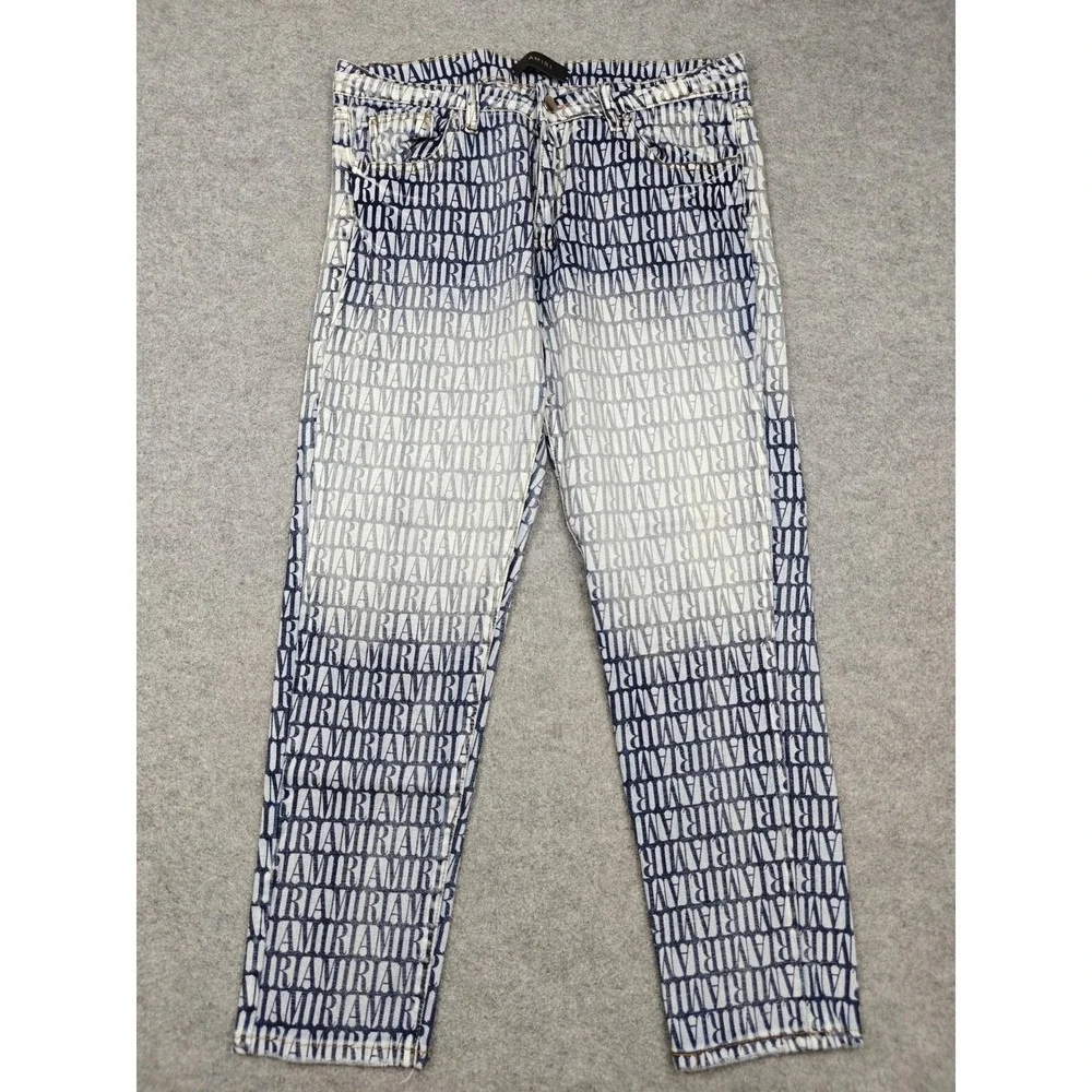 Amiri Jeans Mens 32x32 Blue Medium Wash Allover Logo Skinny Slim Denim Pants